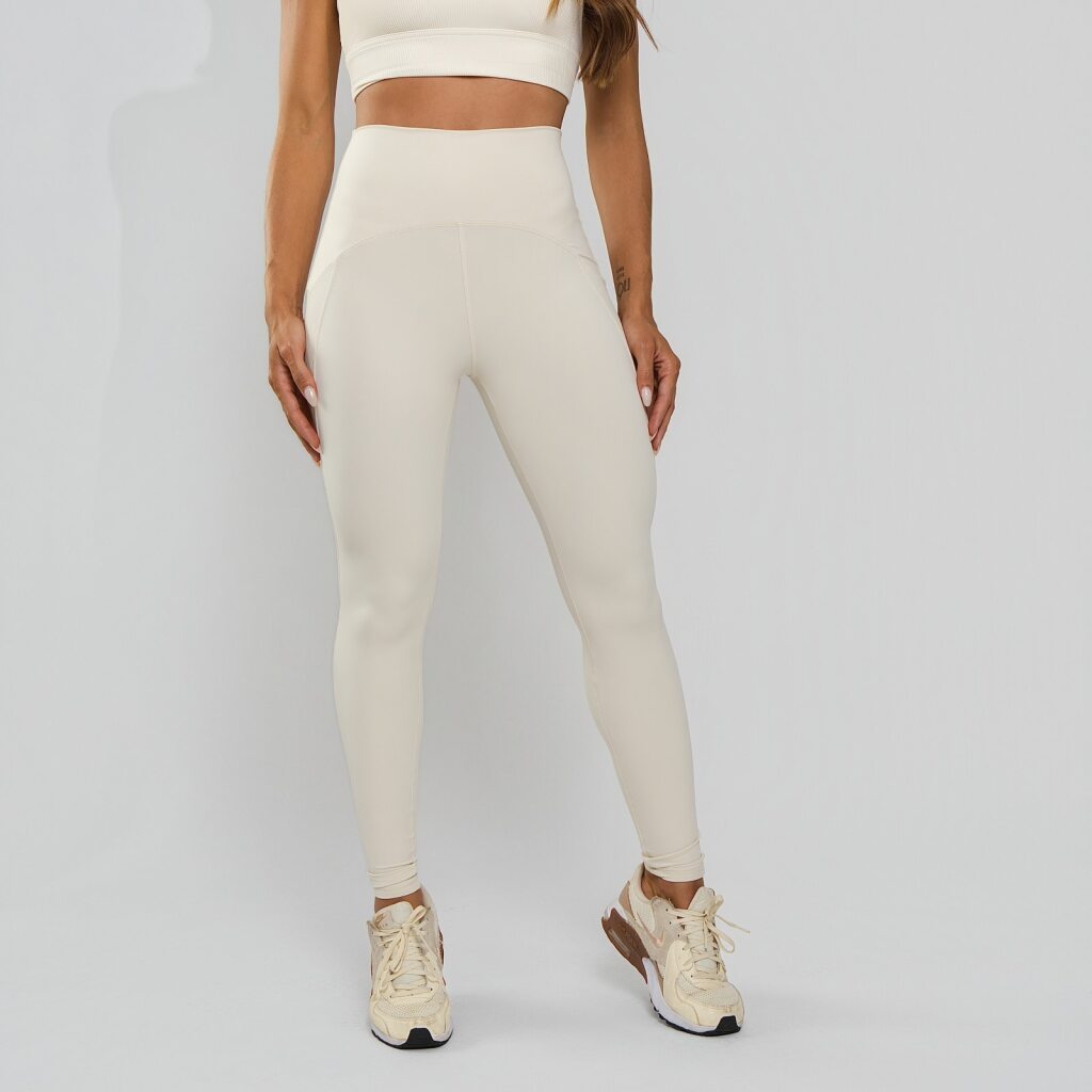 Calça Legging Poliamida Texturizada Cós Alto Duplo Off White LG2391