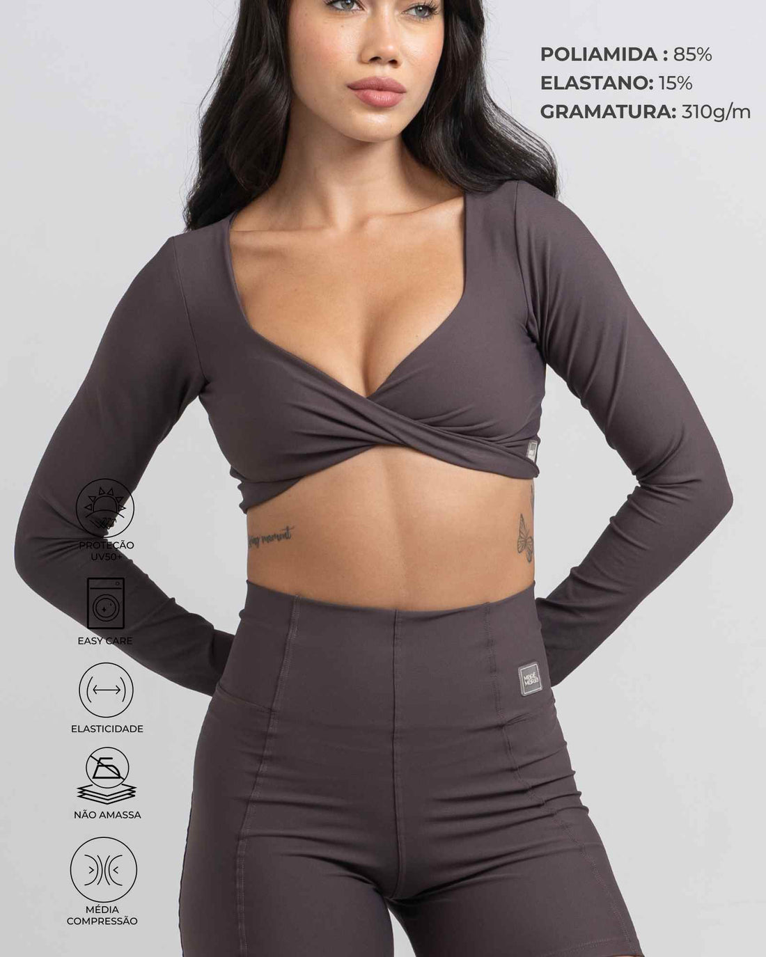 Conjunto Top e Calça Fitness Compressão Manga Longa Infinity Marrom Carbono