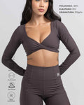 Conjunto Top e Calça Fitness Compressão Manga Longa Infinity Marrom Carbono