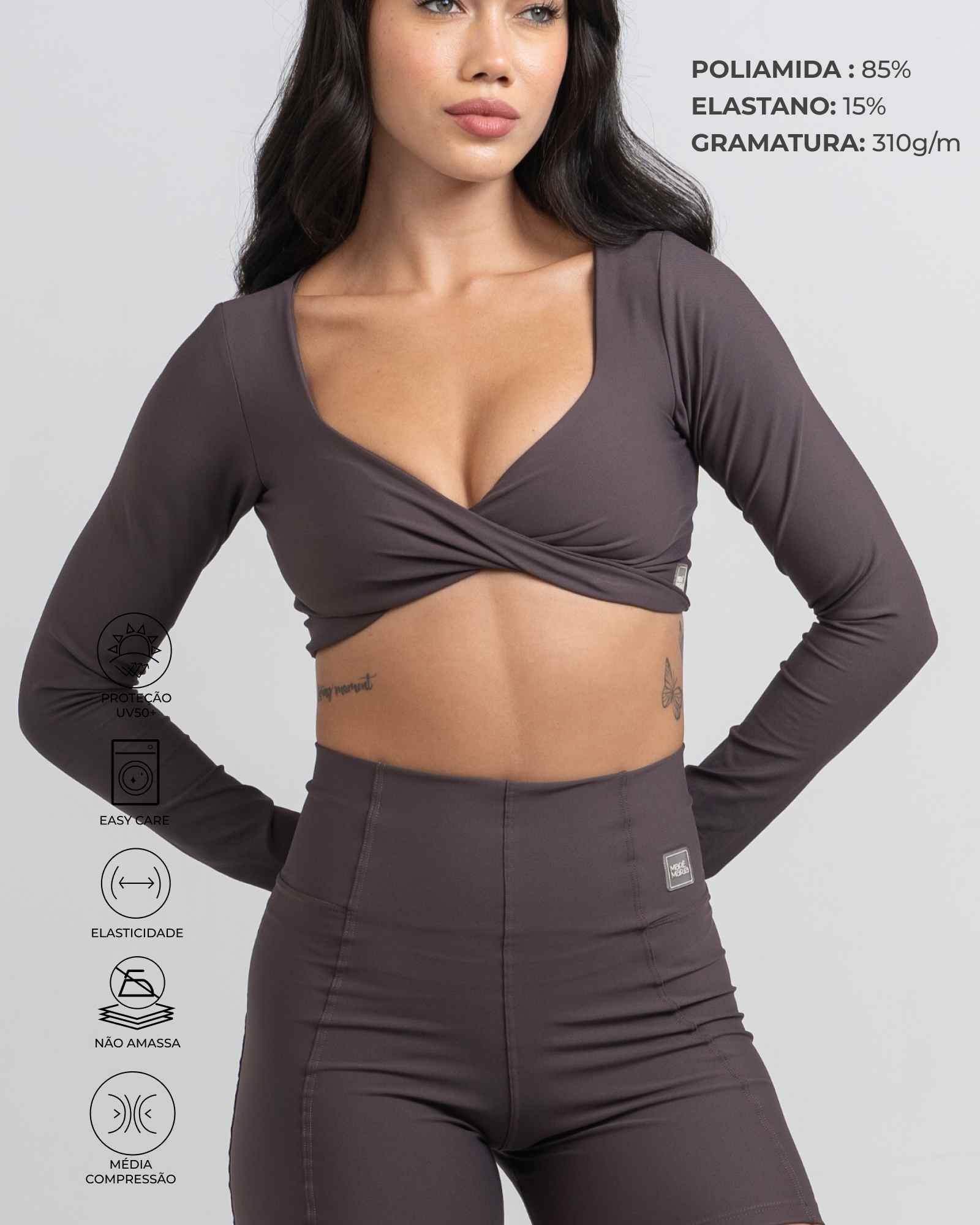Conjunto Top e Calça Fitness Compressão Manga Longa Infinity Marrom Carbono