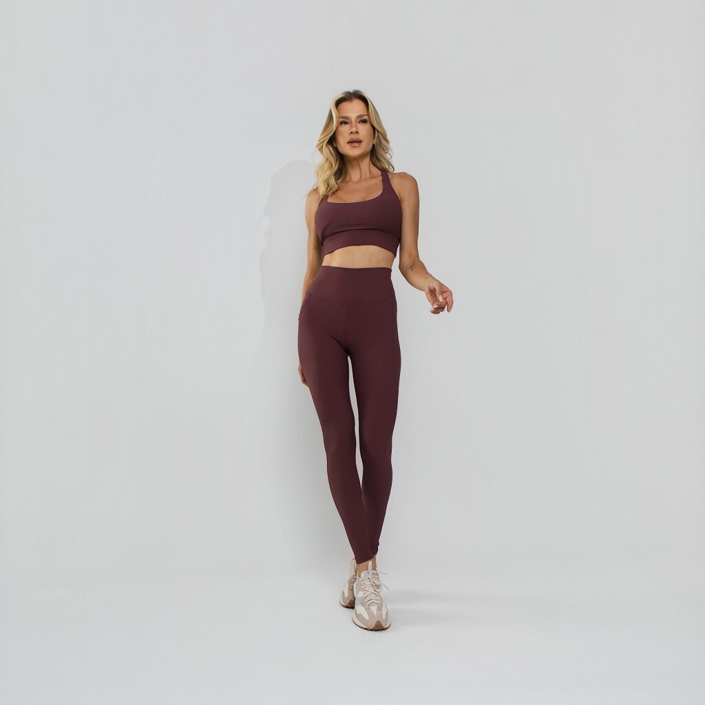 Conjunto Top e Calça Fitness Tecido Duplo Texturizado Premium Bojo Embutido Lilás TP1865