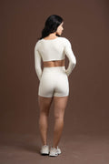 Conjunto Top e Calça Fitness Compressão Manga Longa Infinity Creme