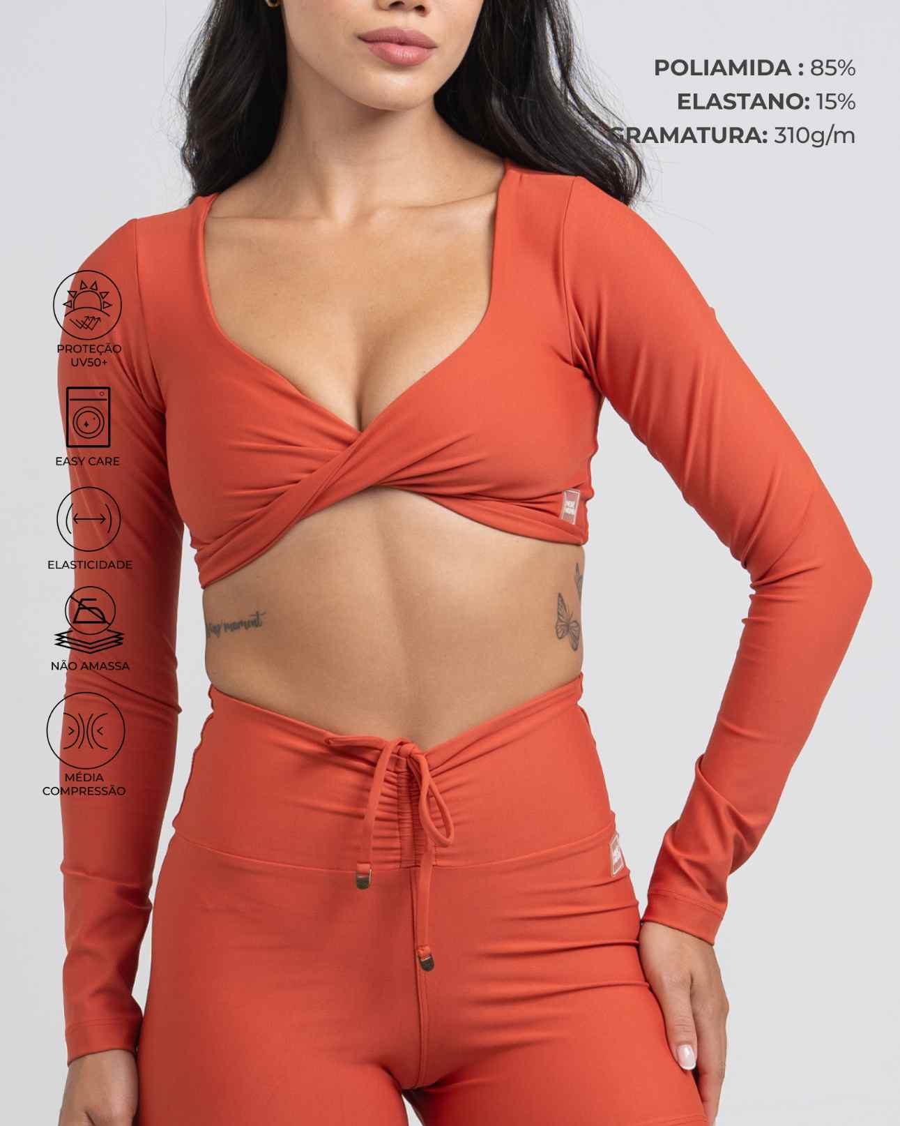 Conjunto Top e Calça Fitness Compressão Manga Longa Infinity Telha