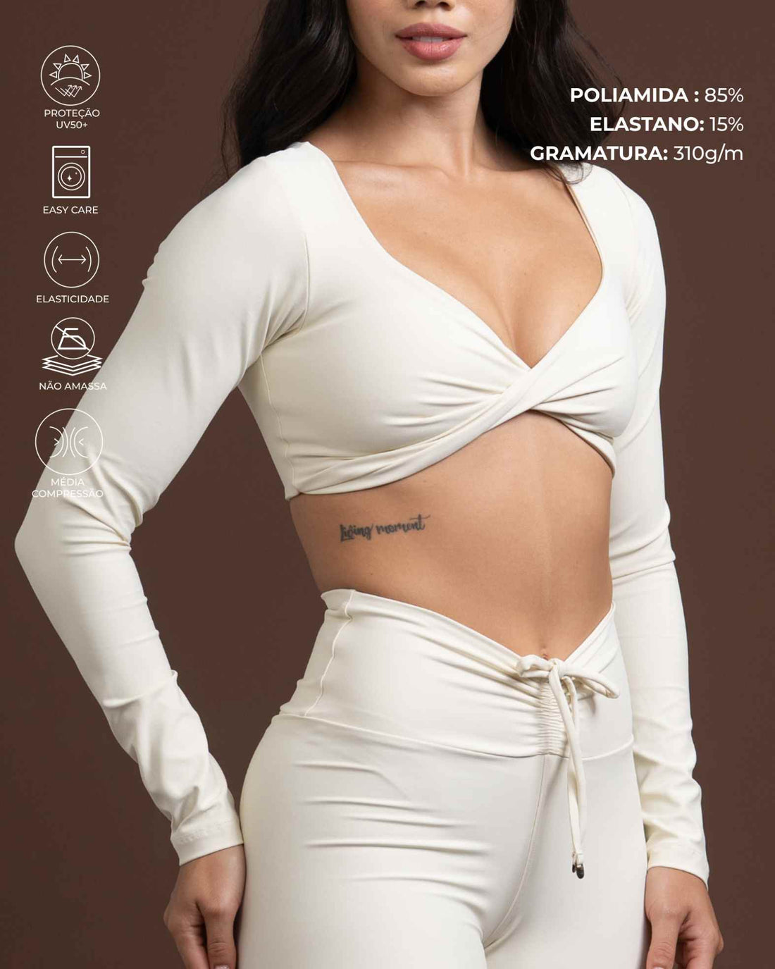 Conjunto Top e Calça Fitness Compressão Manga Longa Infinity Creme