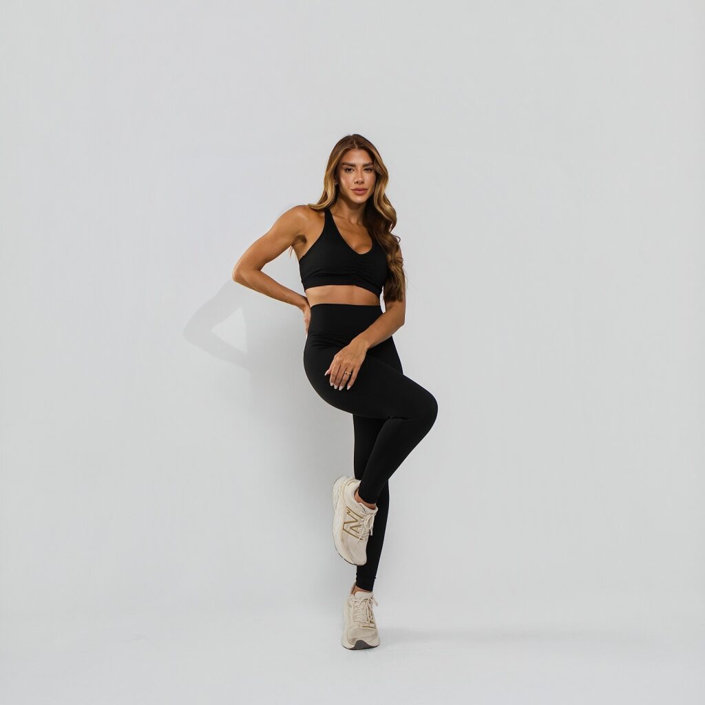 Conjunto Top e Calça Fitness Franzido Decote  Tecido Alta Elasticidade Premium Bojo Embutido Preto TP1866