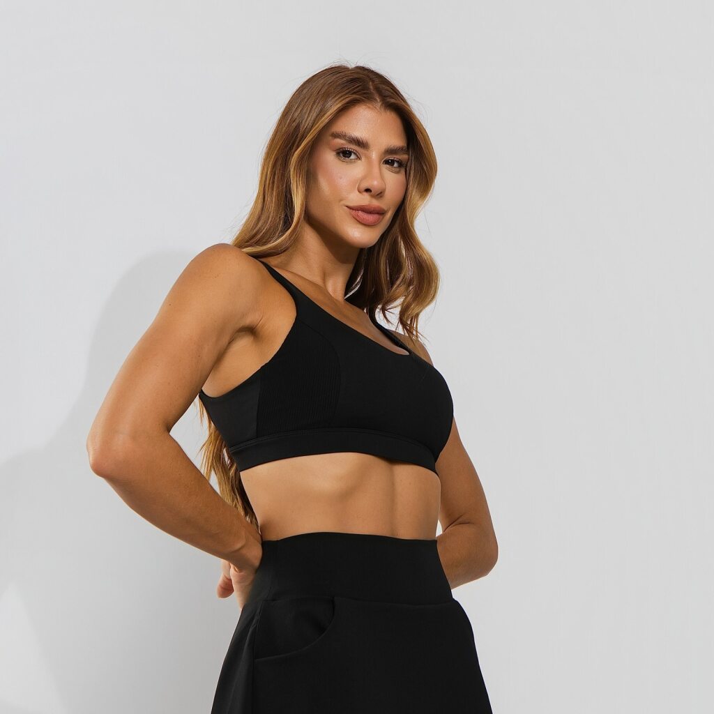 Conjunto Top e Calça Fitness Poliamida Premium Recortes em Tecido Texturizado Preto TP1878