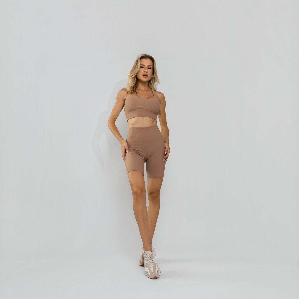Conjunto Top e Calça Fitness Tecido Duplo Texturizado Premium Bojo Embutido Capuccino TP1863