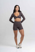 Conjunto Top e Calça Fitness Compressão Manga Longa Infinity Marrom Carbono