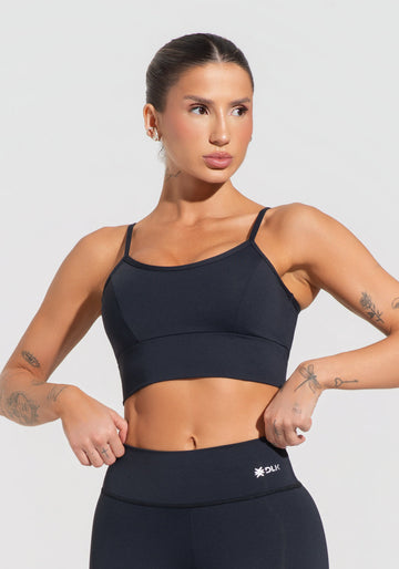 Conjunto Top e Calça Fitness Feminino Preto Com Recortes E Bojo Básico Dlk