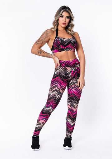 Conjunto Fitness Match Poliamida Estampada Zig Zag Rosa (top+calça) Dlk