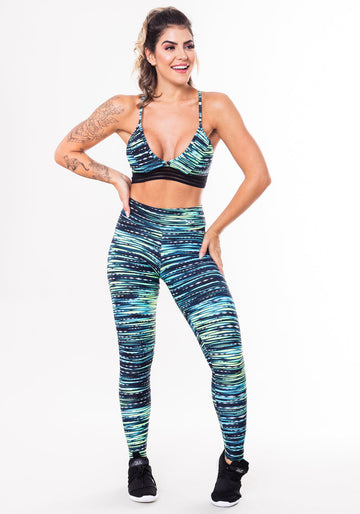 Conjunto Fitness Match Poliamida Estampada Riscos Azuis (top+calça) Dlk