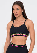 Conjunto Top e Calça Fitness Feminino Preto Com Bojo E Elástico Colorido Action Dlk