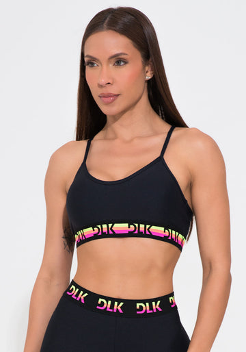 Conjunto Top e Calça Fitness Feminino Preto Com Bojo E Elástico Colorido Action Dlk