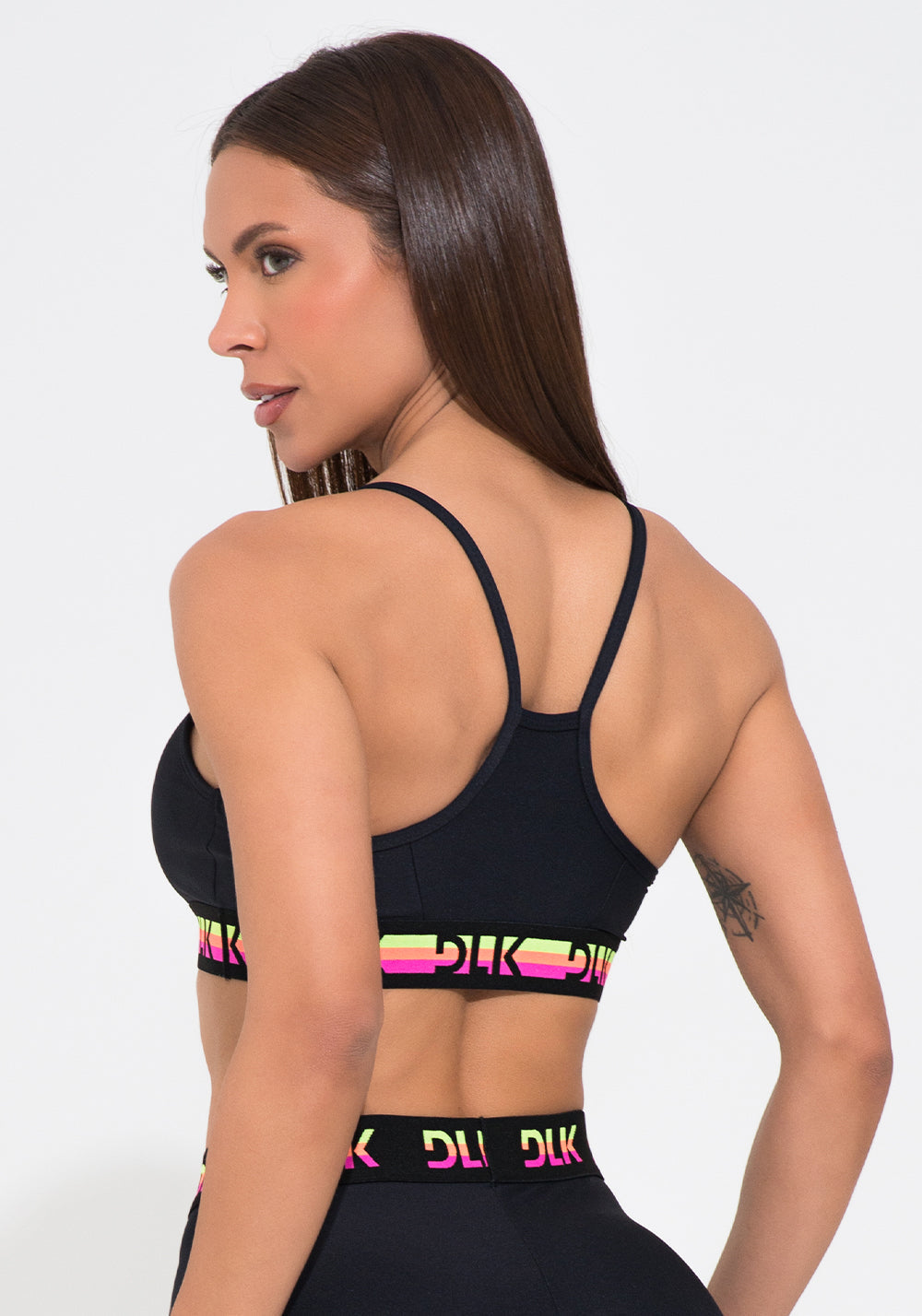 Conjunto Top e Calça Fitness Feminino Preto Com Bojo E Elástico Colorido Action Dlk