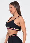 Conjunto Top e Calça Fitness Feminino Preto Com Bojo E Elástico Colorido Action Dlk