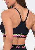 Conjunto Top e Calça Fitness Feminino Preto Com Bojo E Elástico Colorido Action Dlk