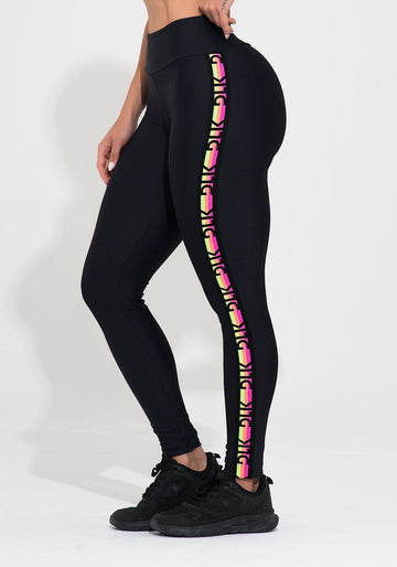 Legging Fitness Feminina Preta Elástico Lateral Colorido Action Dlk