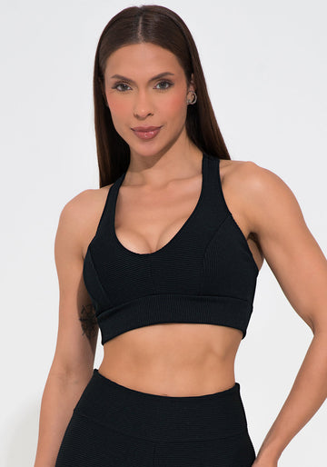 Conjunto Top e Calça Fitness Feminino Preto Canelado Modelo Nadador Action Dlk