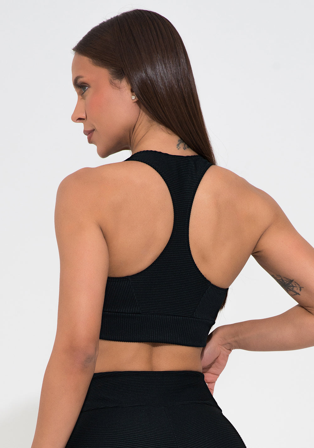 Conjunto Top e Calça Fitness Feminino Preto Canelado Modelo Nadador Action Dlk