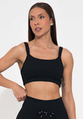 Conjunto Top e Calça Fitness Feminino Com Bojo Preto Canelado Action Dlk