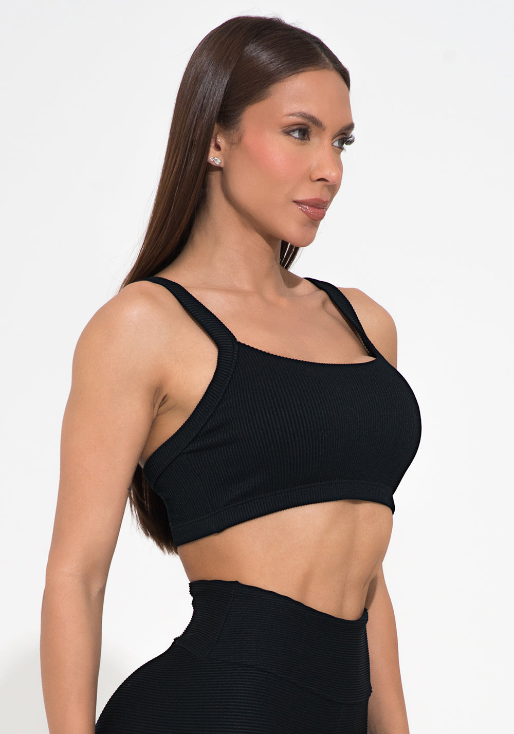 Conjunto Top e Calça Fitness Feminino Com Bojo Preto Canelado Action Dlk