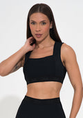 Conjunto Top e Calça Fitness Feminino Preto Canelado Com Elástico E Detalhe Costas Action Dlk