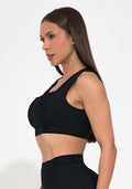 Conjunto Top e Calça Fitness Feminino Preto Canelado Com Elástico E Detalhe Costas Action Dlk