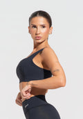 Conjunto Top e Calça Fitness Feminino Decote Reto Com Recortes Preto Básico Dlk