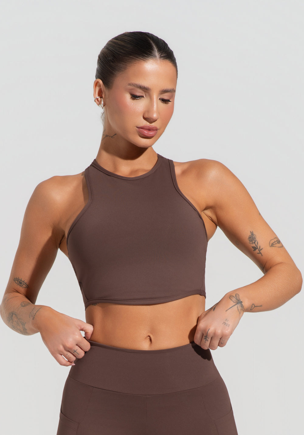 Conjunto Top e Calça Cropped Fitness Feminino Com Cava Americana Soul Dlk Marrom