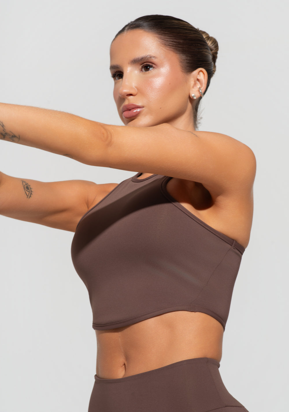 Conjunto Top e Calça Cropped Fitness Feminino Com Cava Americana Soul Dlk Marrom