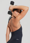 Macaquinho Fitness Feminino Com Amarração No Pescoço Preto Básico Dlk