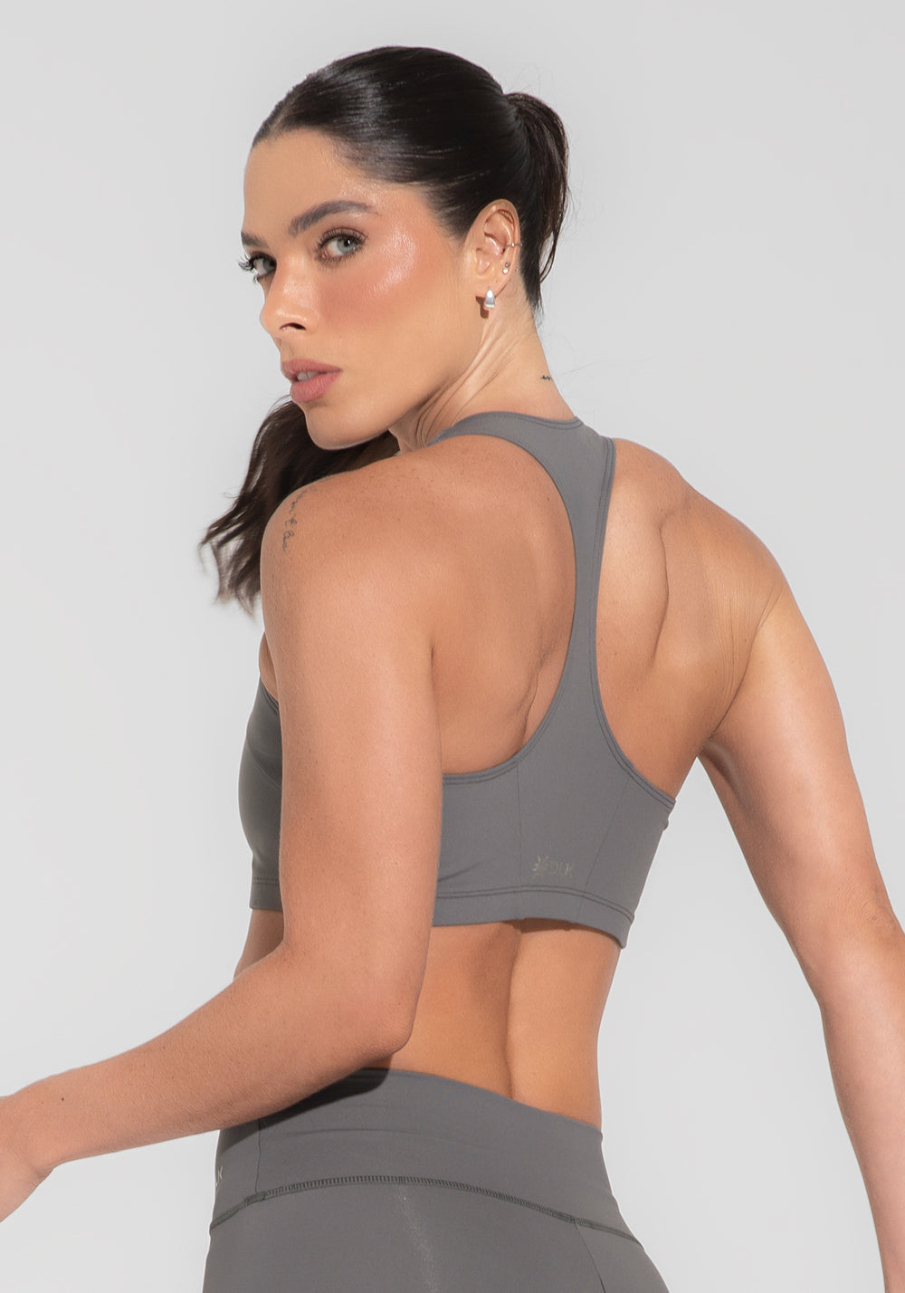 Conjunto Top e Calça Fitness Feminino Modelo Nadador Cinza Básico Dlk