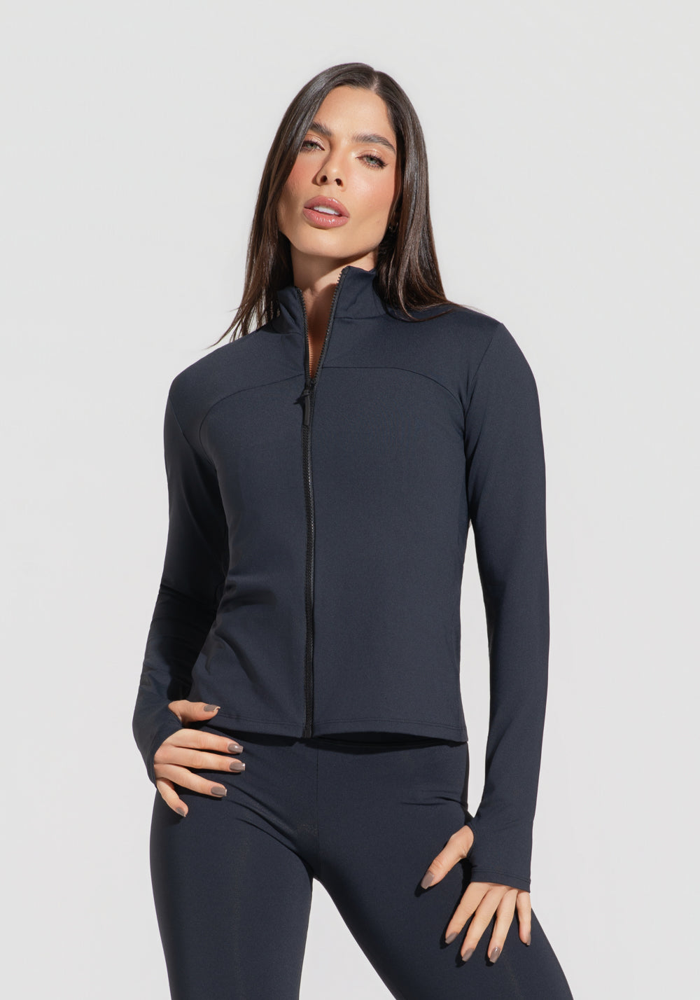 Casaco Fitness Feminino Com Zíper Preto Básico Dlk