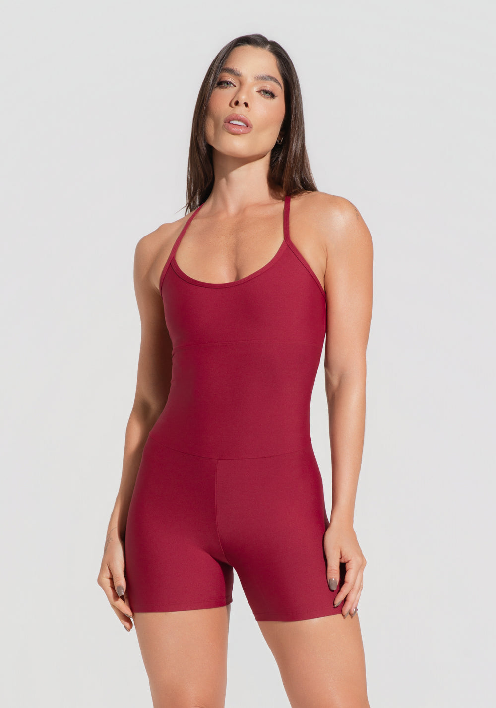 Macaquinho Fitness Feminino Vermelho Cereja Com Alças Cruzadas Aura Dlk