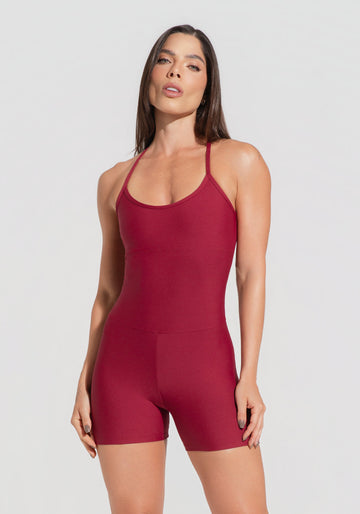 Macaquinho Fitness Feminino Vermelho Cereja Com Alças Cruzadas Aura Dlk