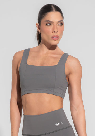 Conjunto Top e Calça Fitness Feminino Decote Reto Com Recortes Cinza Básico Dlk