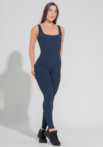 Macacão Fitness Feminino Com Detalhe Canelado Motion Lines Dlk Azul Marinho