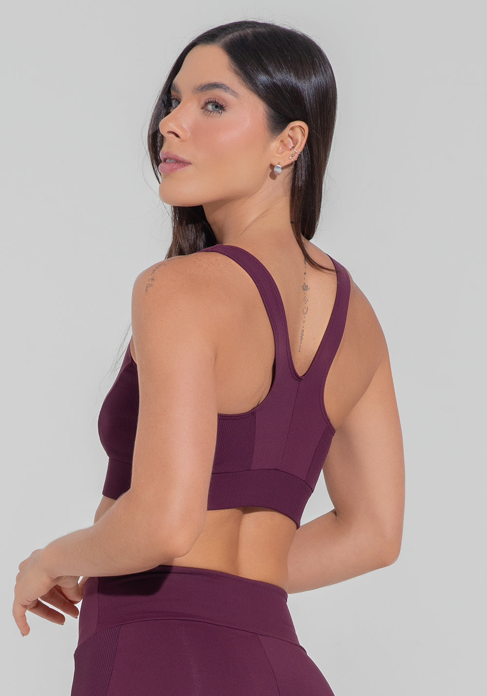 Conjunto Top e Calça Fitness Feminino Nadador Anatômico Com Detalhe Canelado Motion Lines Dlk Vinho