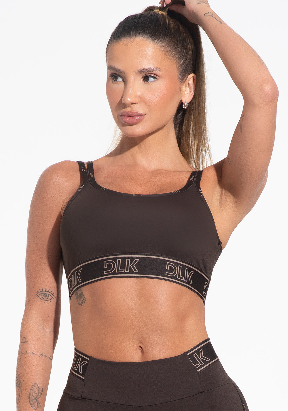 Conjunto Top e Calça Fitness Feminino Com Bojo E Alças Duplas De Elástico Activity Dlk Marrom Café