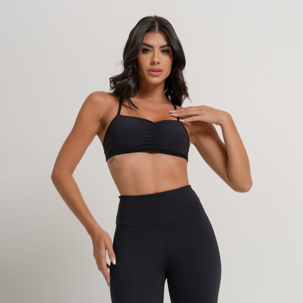 Conjunto Top e Calça Fitness Preto Decote Franzido TP1699