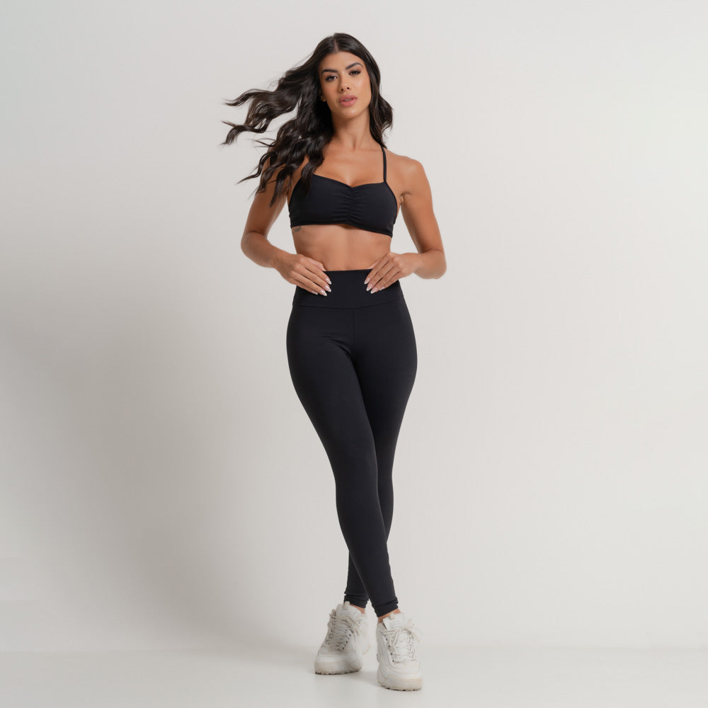 Conjunto Top e Calça Fitness Preto Decote Franzido TP1699