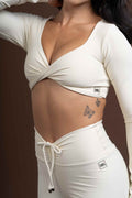 Conjunto Top e Calça Fitness Compressão Manga Longa Infinity Creme