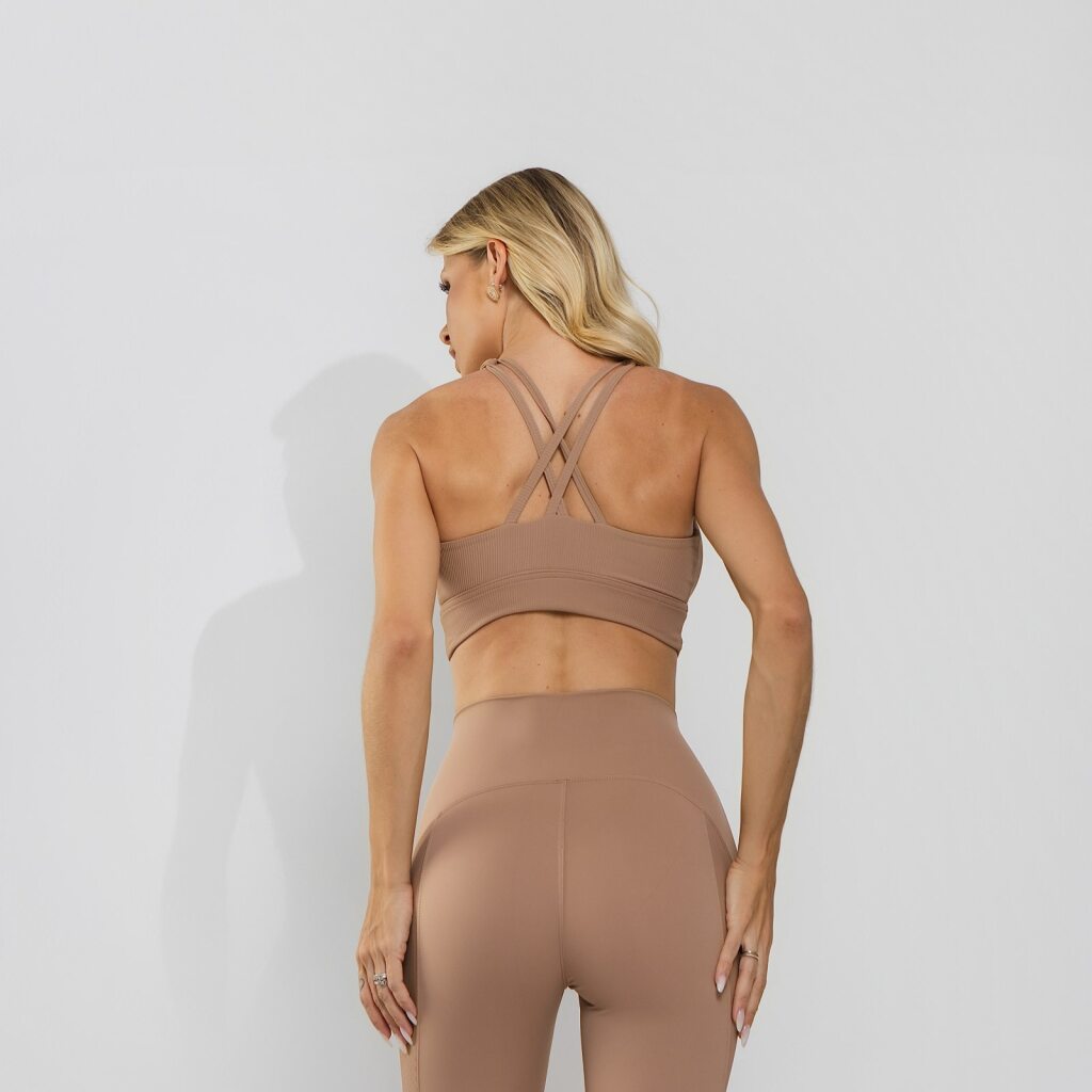 Conjunto Top e Calça Fitness Tecido Duplo Texturizado Premium Bojo Embutido Capuccino TP1863
