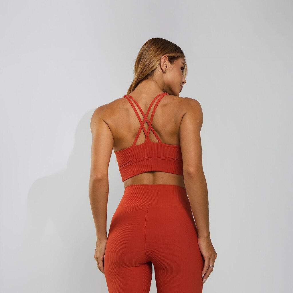 Conjunto Top e Calça Fitness Tecido Duplo Texturizado Premium Bojo Embutido Laranja TP1864