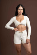 Conjunto Top e Calça Fitness Compressão Manga Longa Infinity Creme