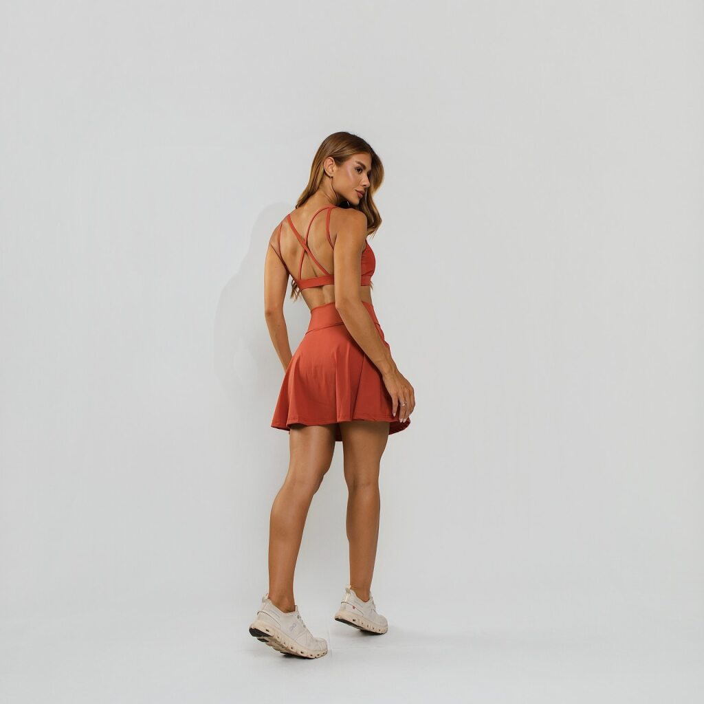 Conjunto Top e Calça Fitness Poliamida Premium Recortes em Tecido Texturizado Laranja TP1879