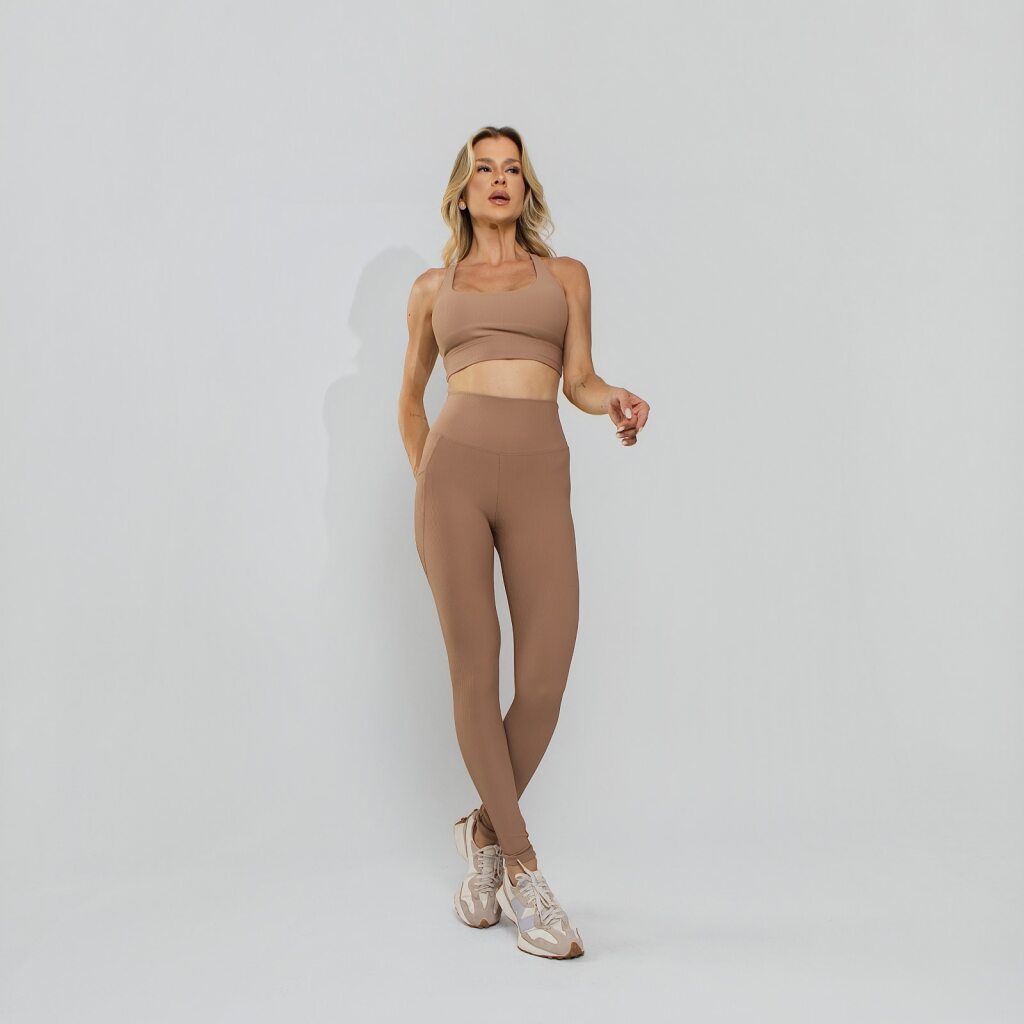 Conjunto Top e Calça Fitness Tecido Duplo Texturizado Premium Bojo Embutido Capuccino TP1863